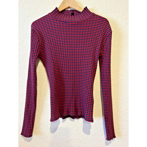 J Crew Ribbed Mock Neck Top Red Navy Blue Stripe Sz S Stretch Preppy Lettuce Hem